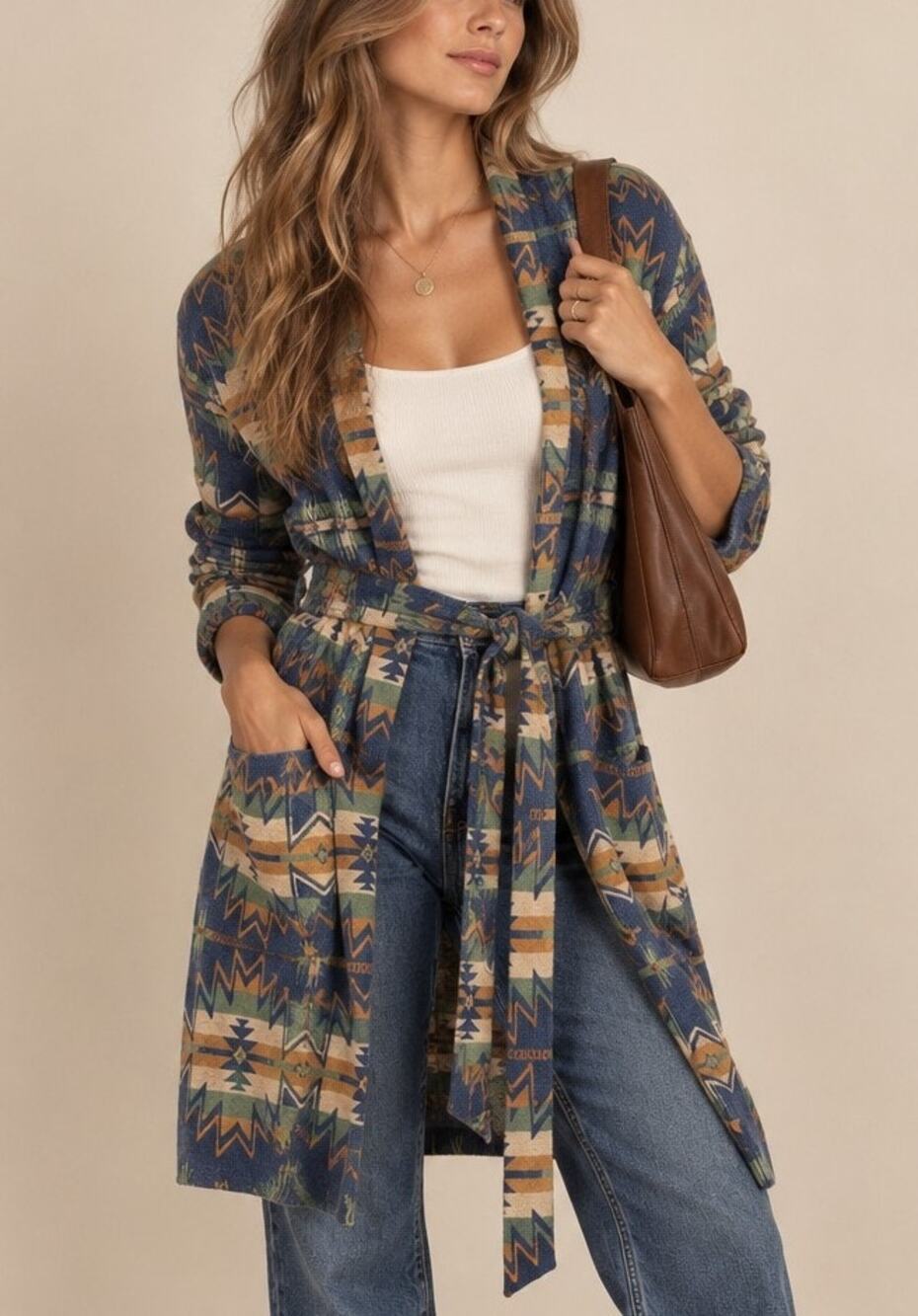 Faherty Womens Aztec Cotton Belted Duster Cardigan S/M Blue Southwestern Cabin